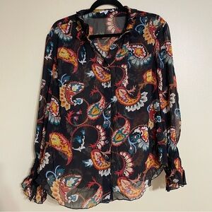 Chico's Semi Sheer Button Up Paisley Print Top size 18